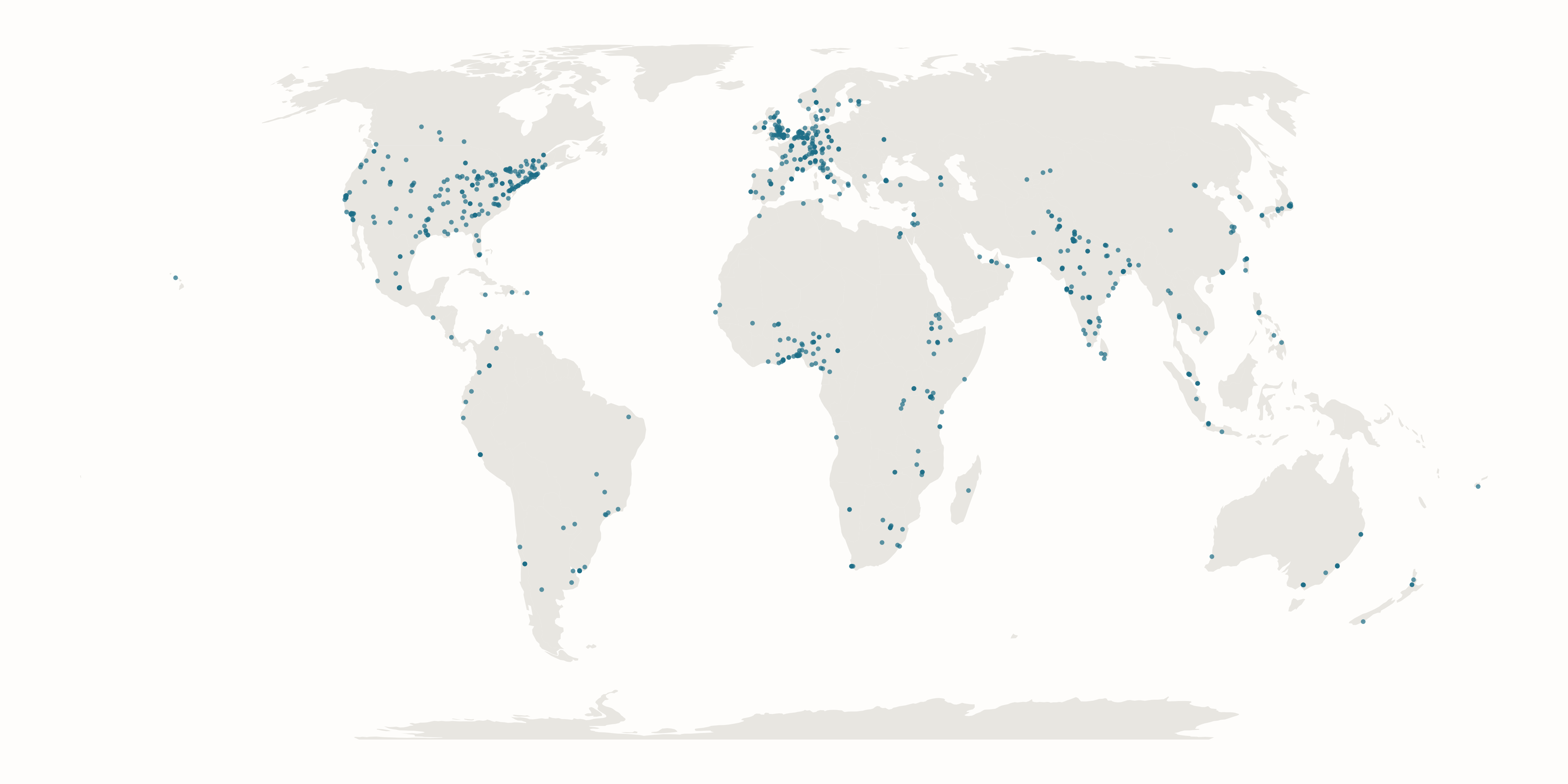 World map with dots at IDEA member institution locations